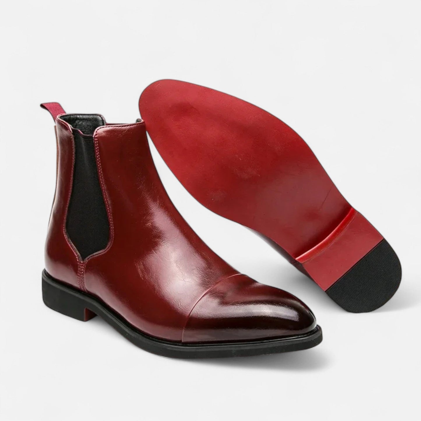 Men’s Chelsea Boots in Polished Noir with Red Sole
