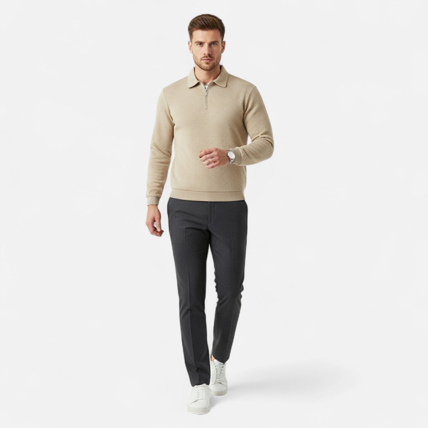 Men’s Long-Sleeved Polo Shirt | Zipper Lapel